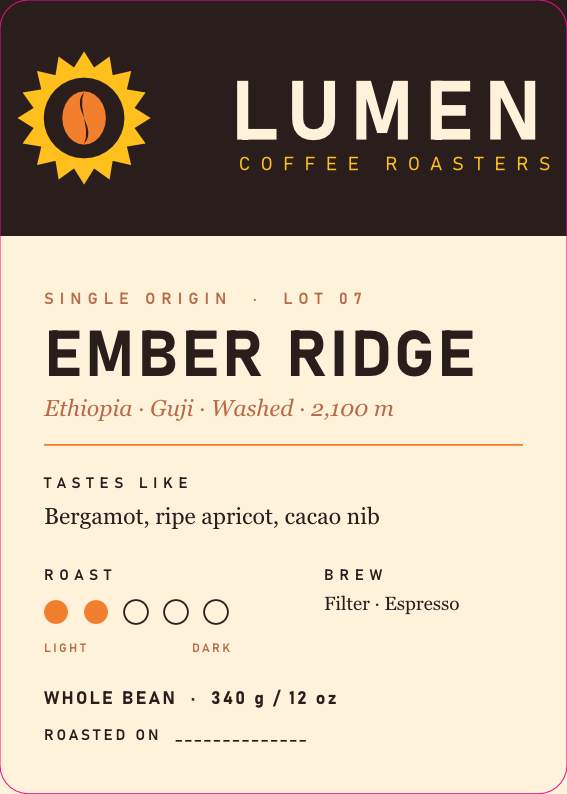 Ember Ridge bag label with logo, origin, tasting notes, roast dots
