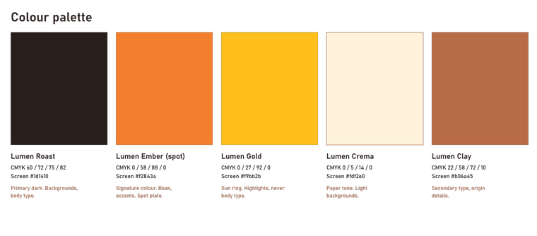 Five brand colour swatches