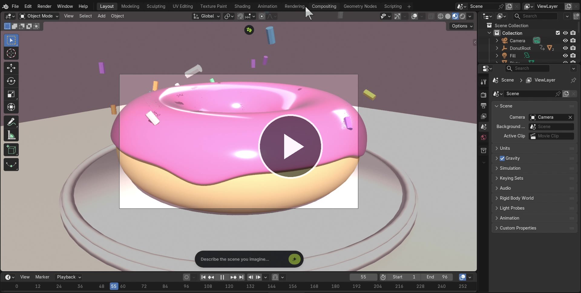 Play the Blender viewport recording of the donut drop