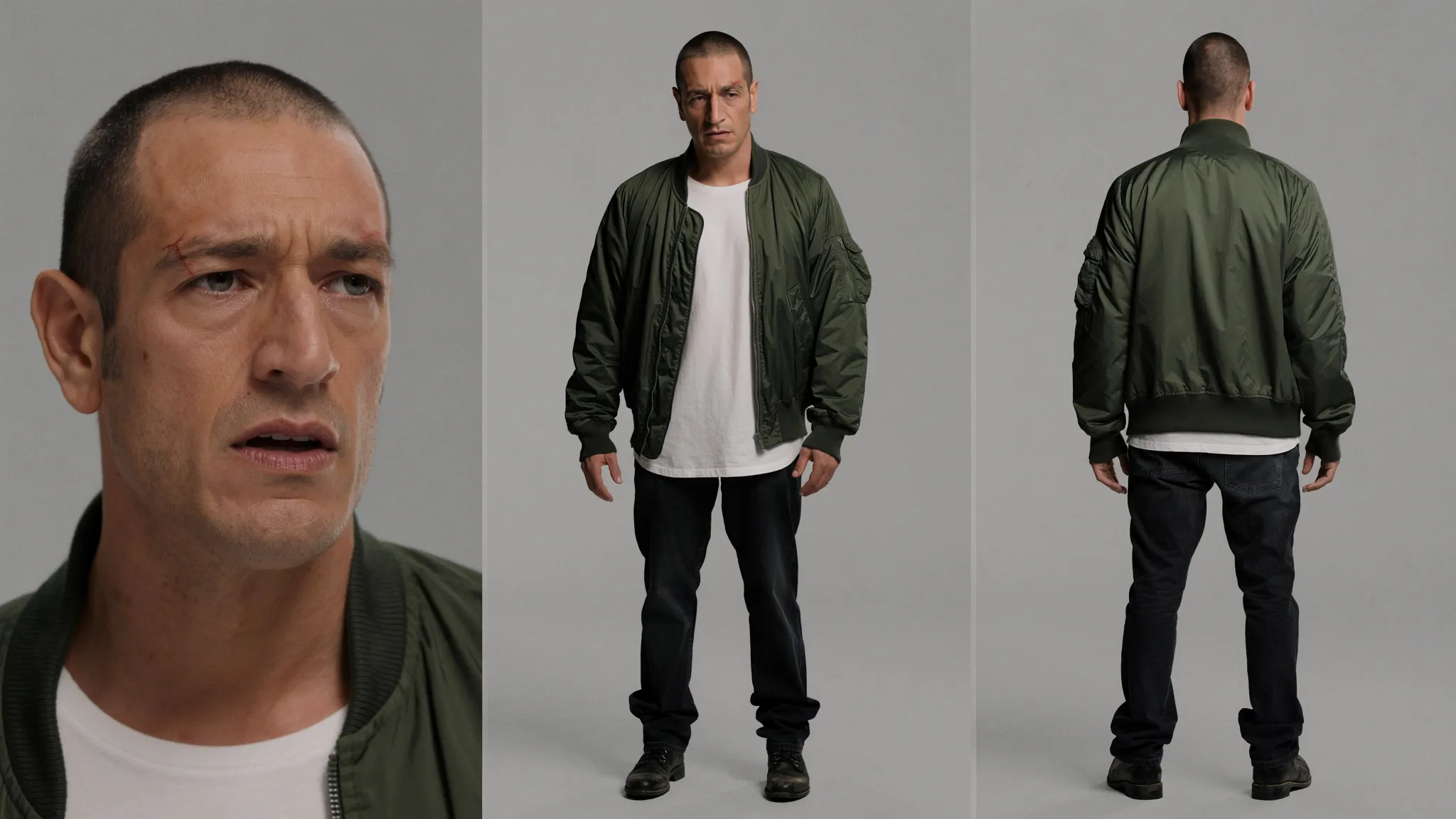 Supplied character sheet of man wearing green bomber jacket
