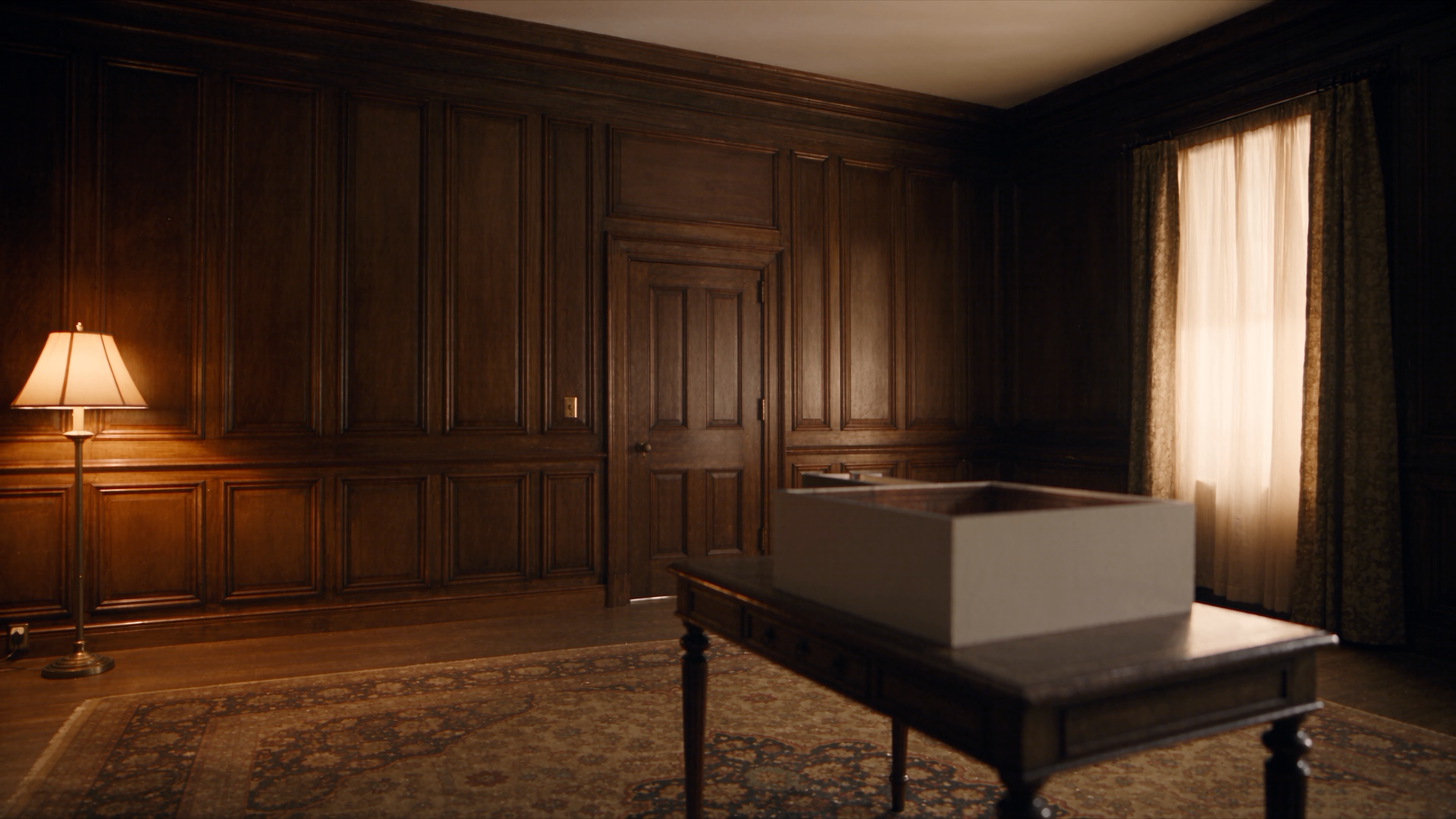 Supplied walnut study with miniature room on writing table