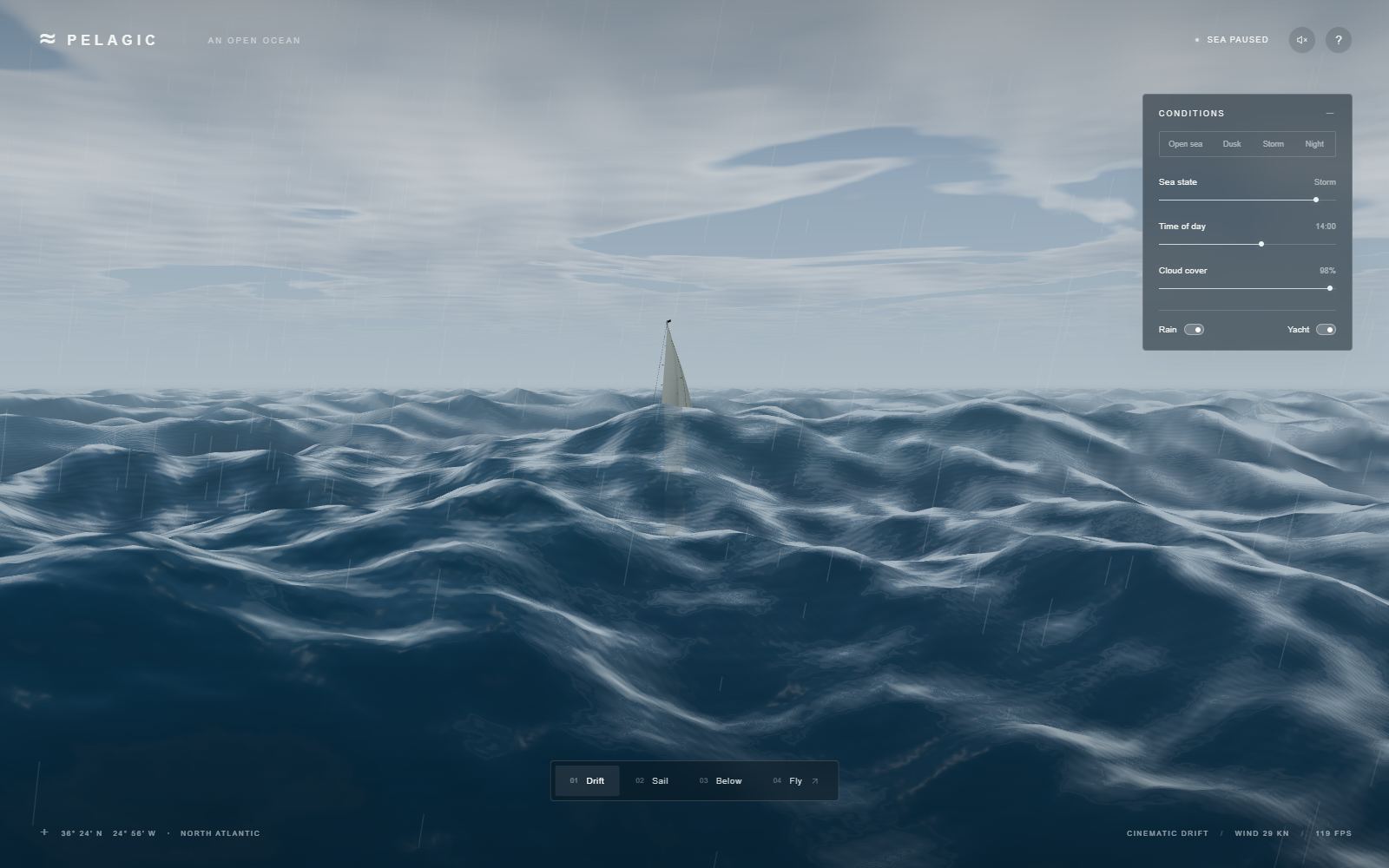 Ocean 3D storm render with dim gray light and rough sea.