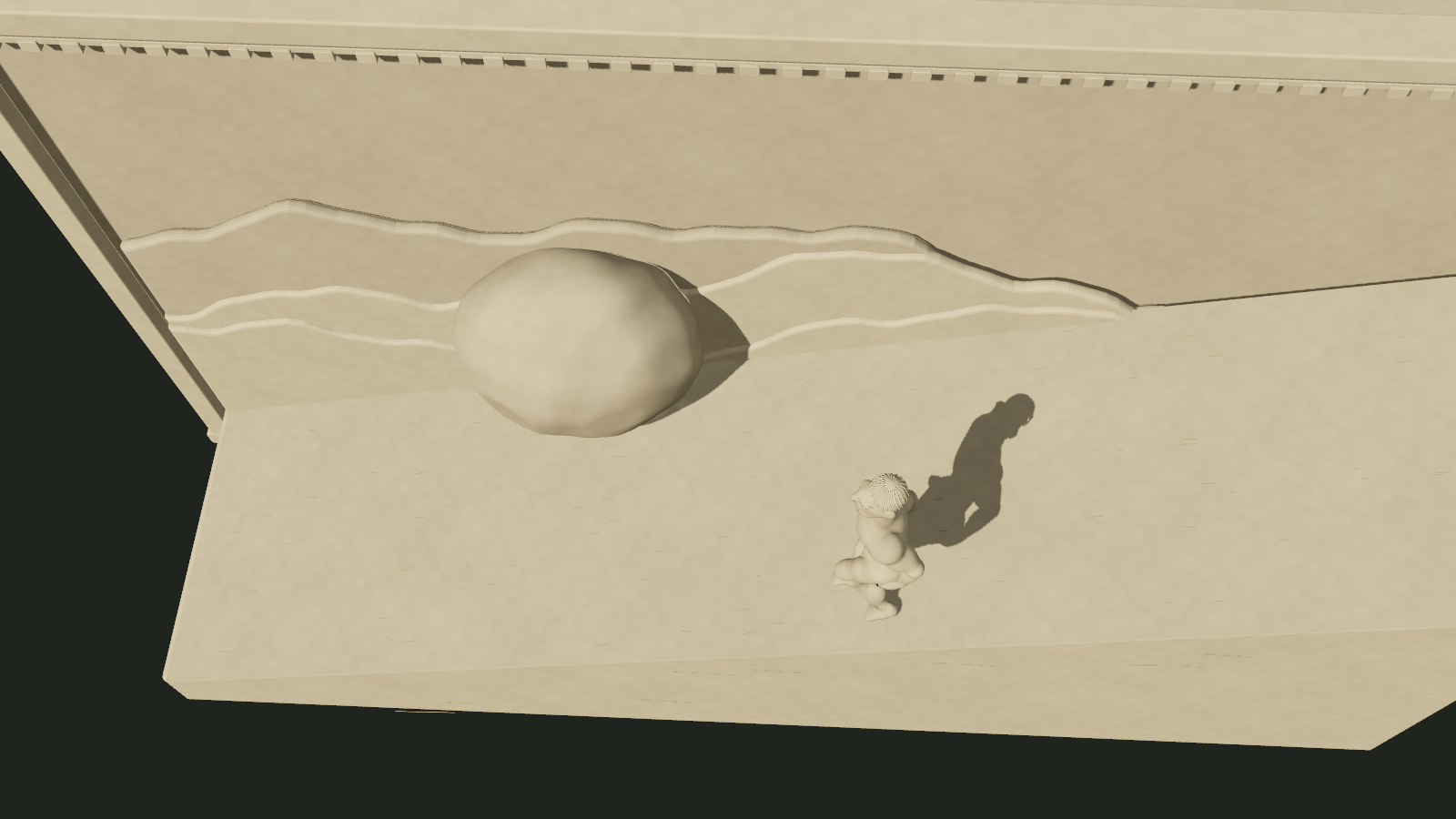 Sisyphus waits in a separate lane as the rock passes