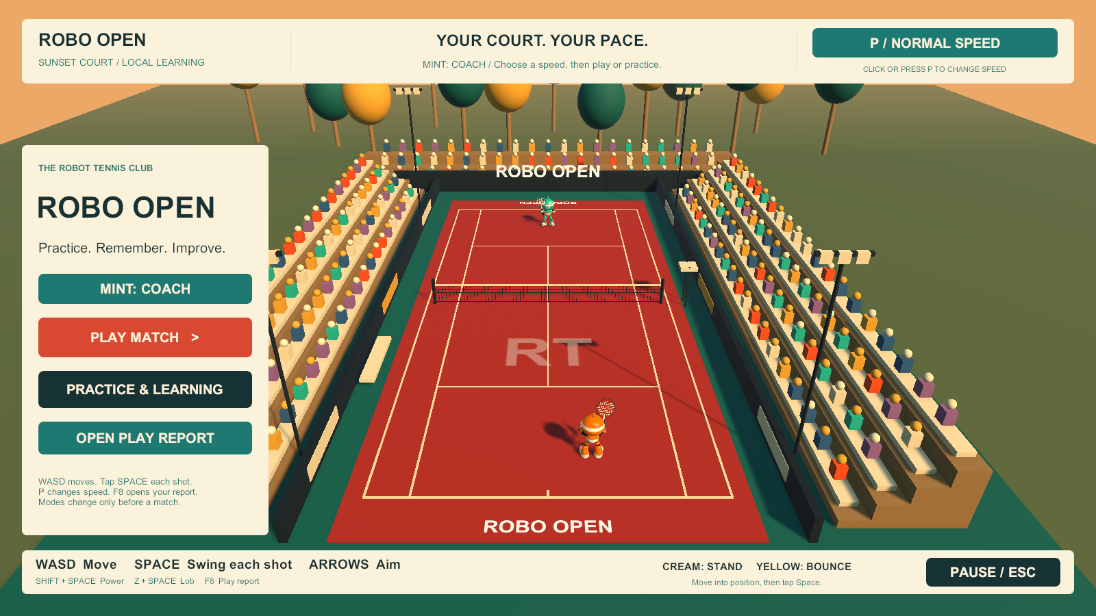 Robo Open main menu displaying Mint Coach, Play Match, Practice and Learning, and Open Play Report