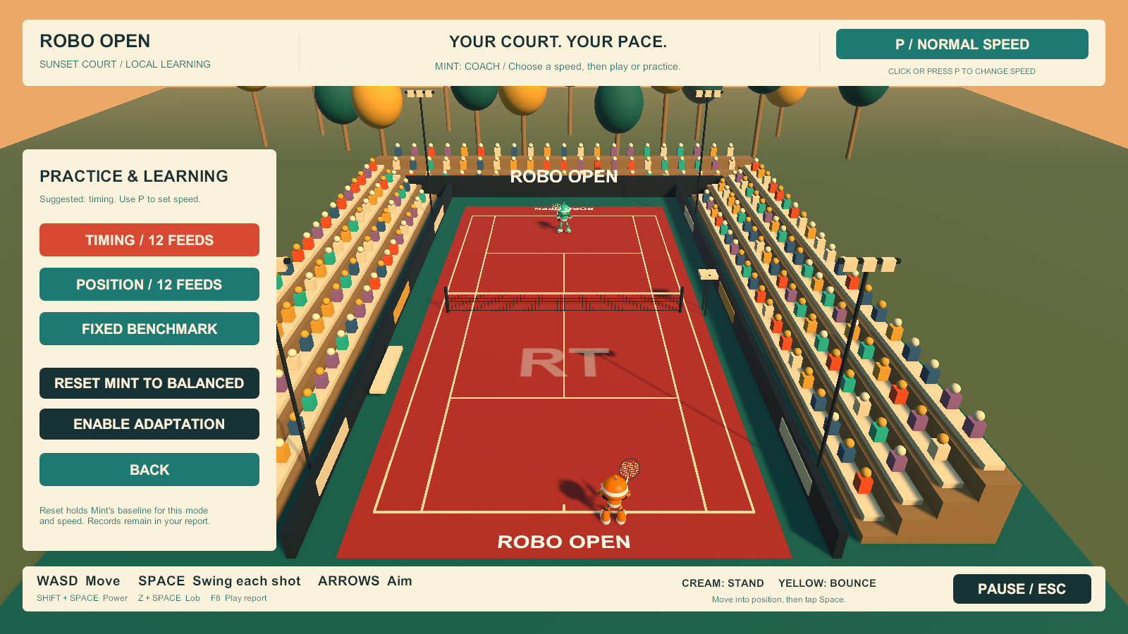 Actual Unity practice menu with Timing, Position, Fixed Benchmark and Mint adaptation controls
