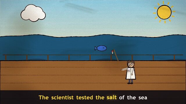 Clawd Goes to Sea: a scientist on a ship deck with karaoke lyrics
