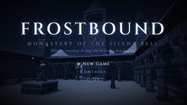 Frostbound: title screen over a snowy monastery