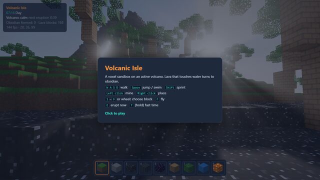 Volcanic Isle: voxel island with a controls panel