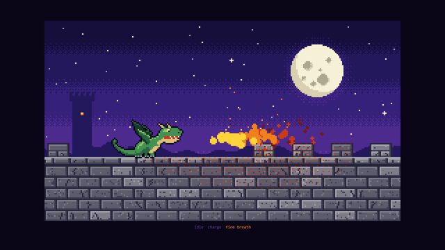 Pixel Dragon: a green dragon breathing fire on a castle wall