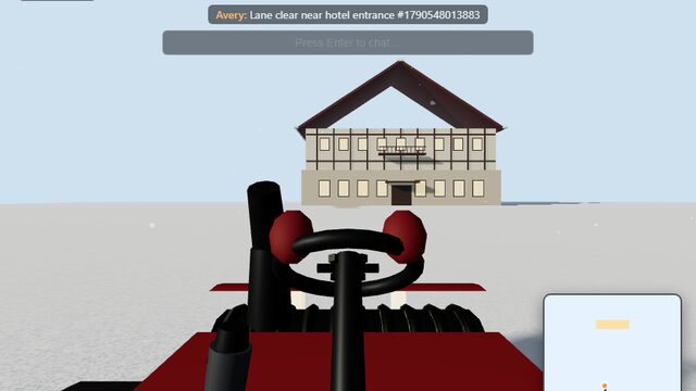 Snow Day: first-person snowblower in front of an alpine hotel