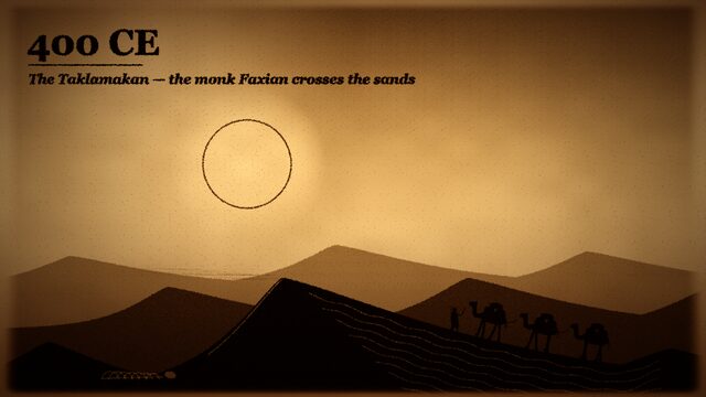 Silk Road in Sand: camels crossing dunes, 400 CE