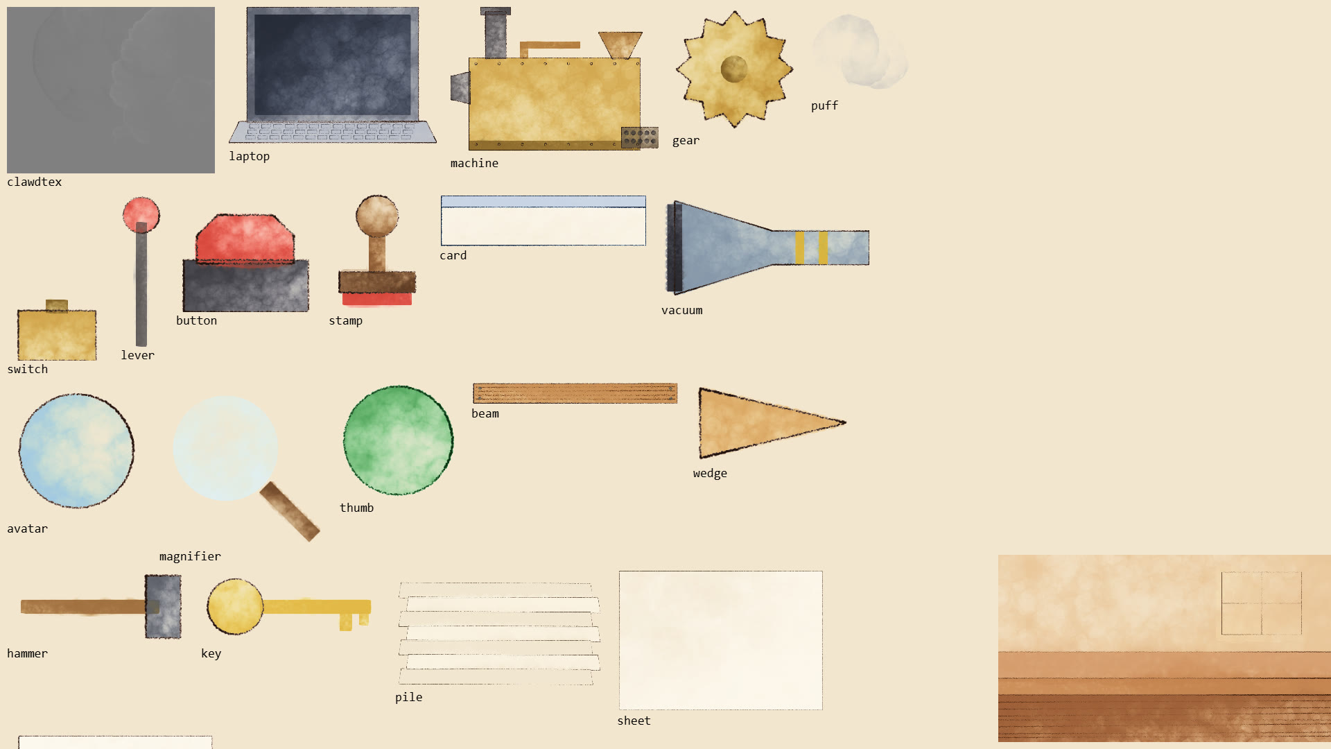 Asset sheet: all painted sprites on paper