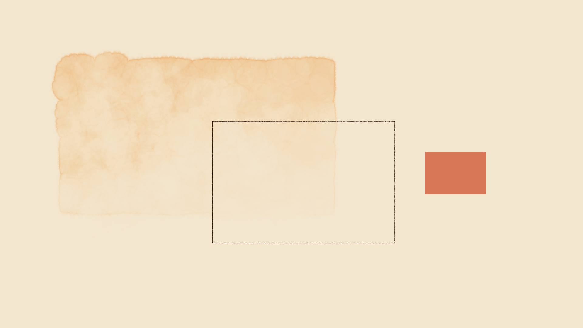 Smoke test frame: a watercolour rectangle with soft bleeding edges, an ink-outlined rectangle, and a flat orange block on beige paper