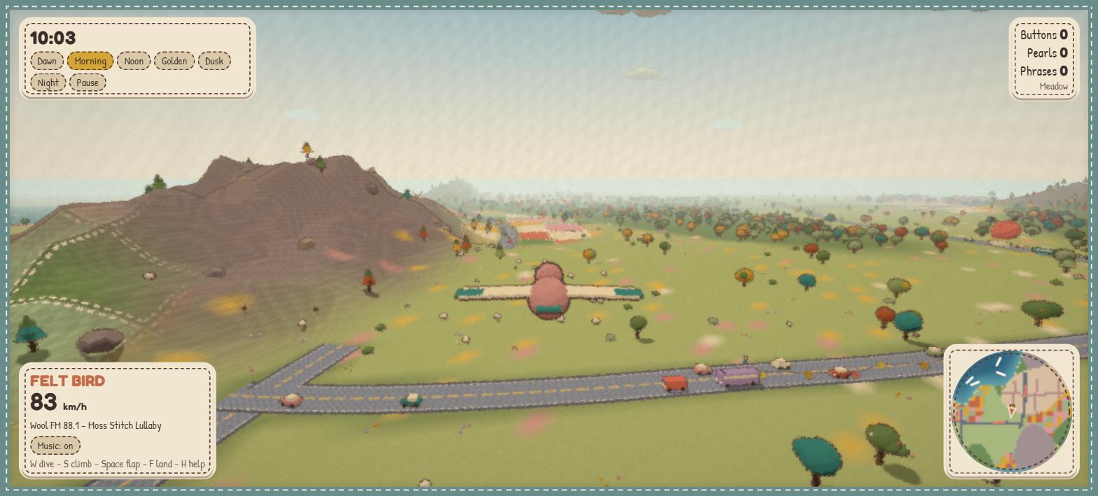 The felt bird flies over meadows, a road with traffic and a mountain