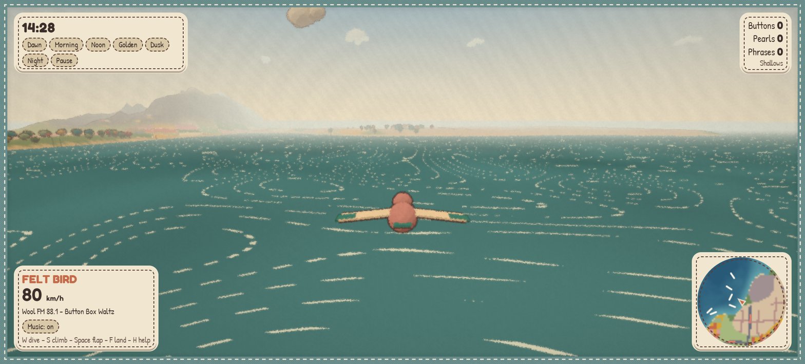 The felt bird flies over stitched waves toward the coast and a mountain