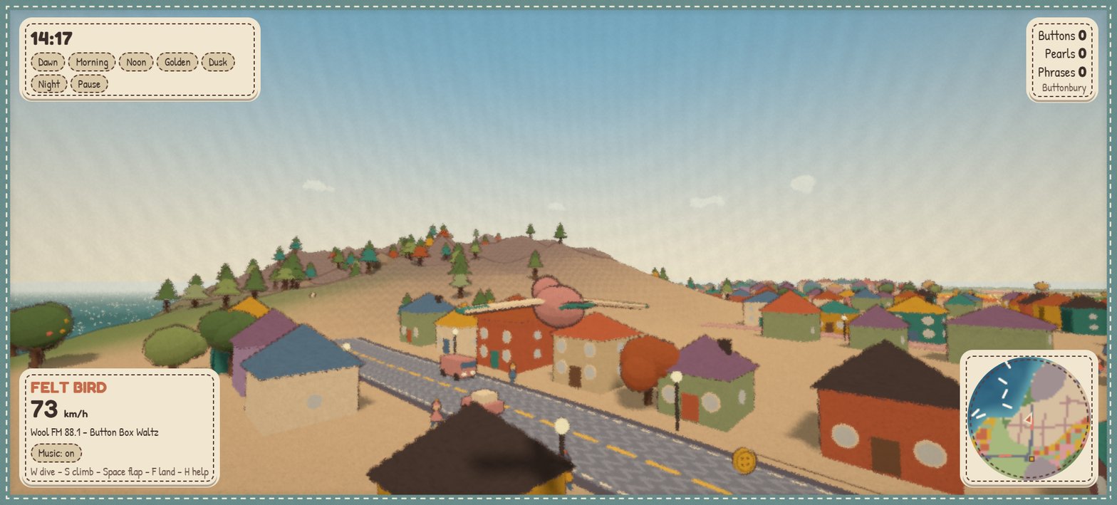 The felt bird flies low over felt houses, a road with a car, walkers and street lamps