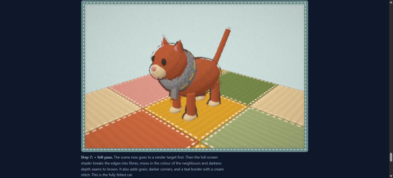 Screenshot of step 7 on the documentation page: the fully felted demonstration cat on a quilt, with its caption