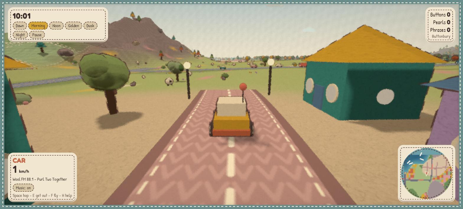 The car on a knitted pink street between felt houses and trees
