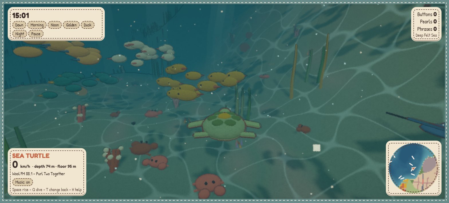 The sea turtle above the sea floor with fish schools, kelp, crabs and coral