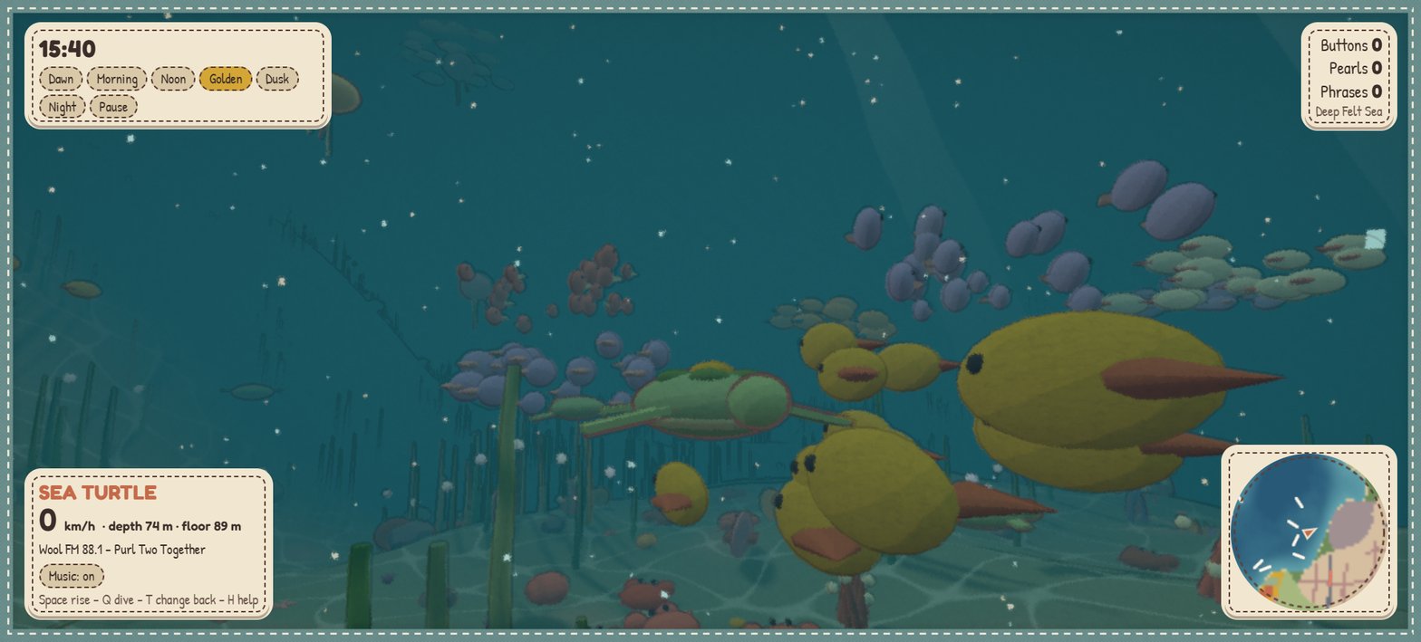The sea turtle between large yellow fish and schools of blue, red and green fish