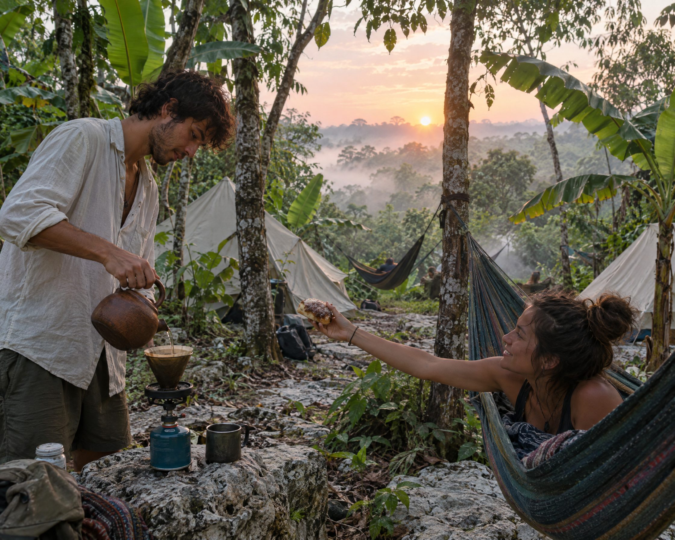 Dawn at a jungle campsite: a man pours coffee while a woman in a hammock offers him sweet bread