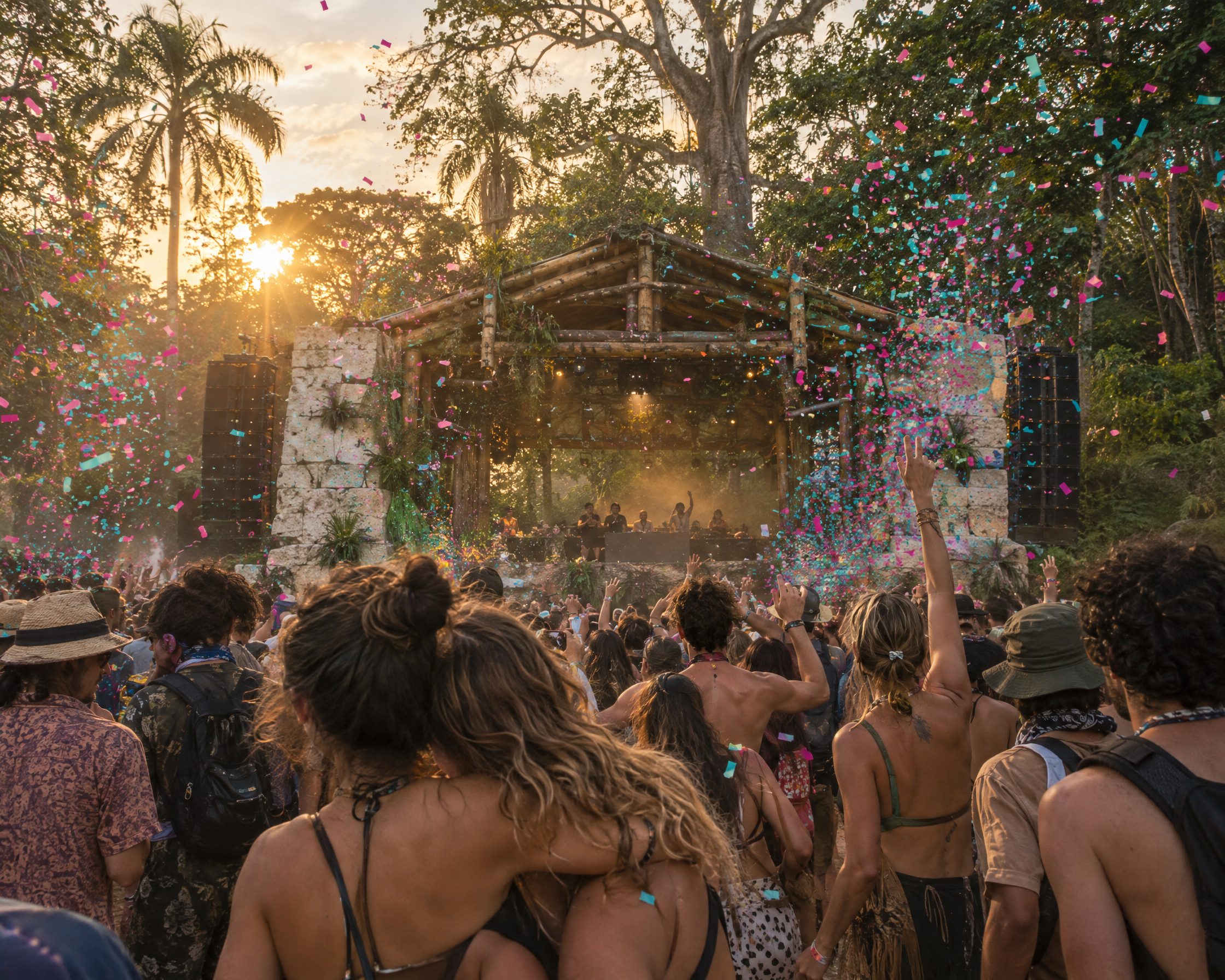 Confetti over the crowd at the jungle main stage at golden hour