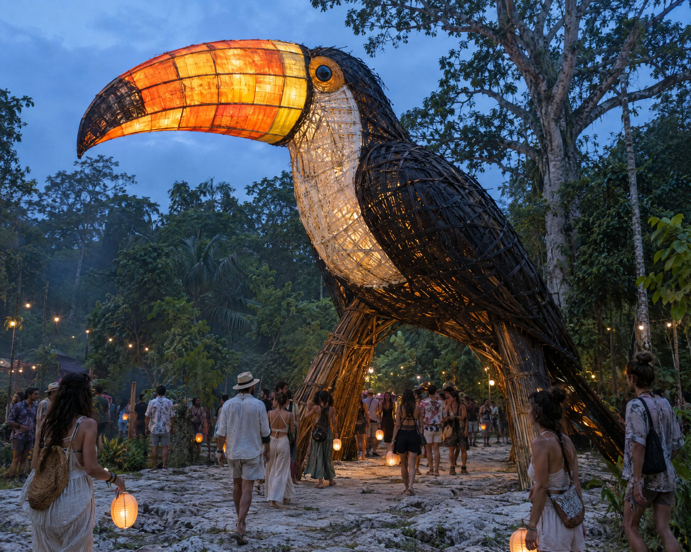 The Jade Toucan, a giant woven sculpture with a glowing lantern beak