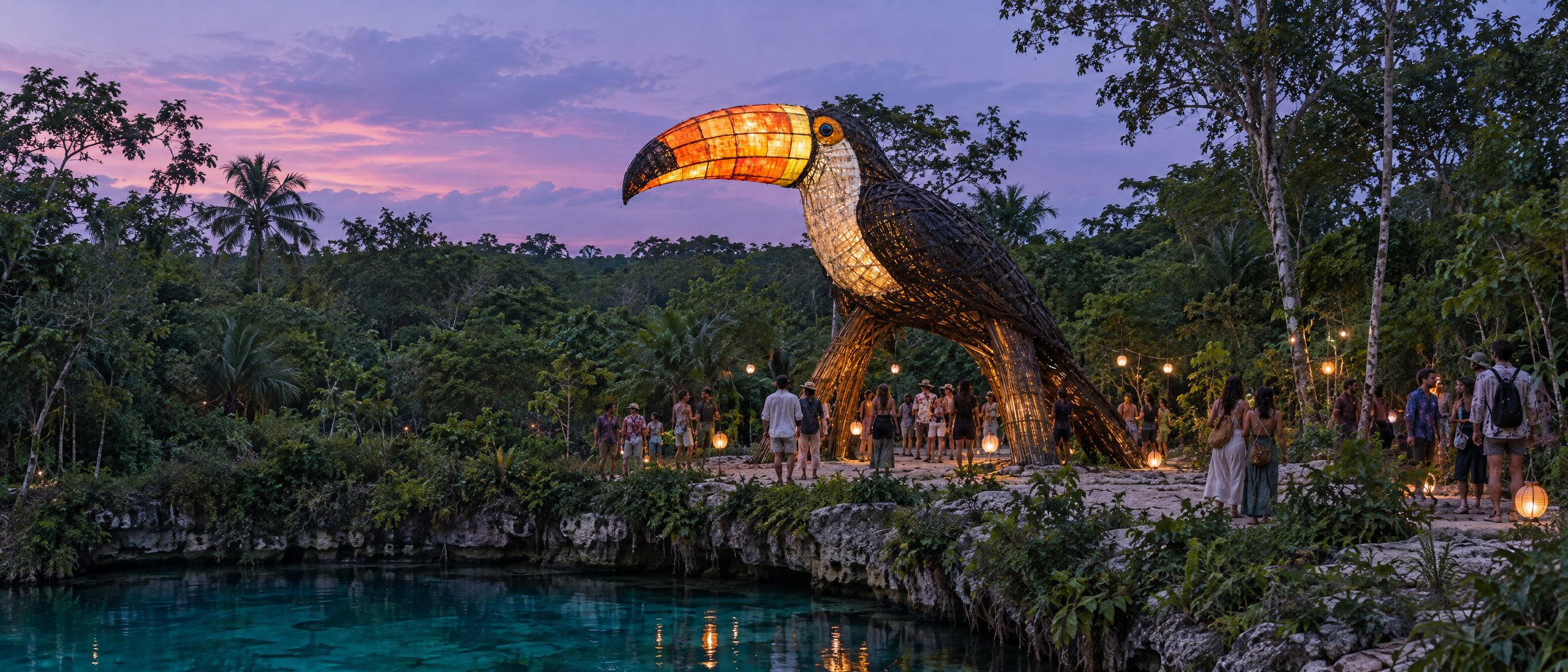 The Jade Toucan lit up at dusk beside a turquoise cenote