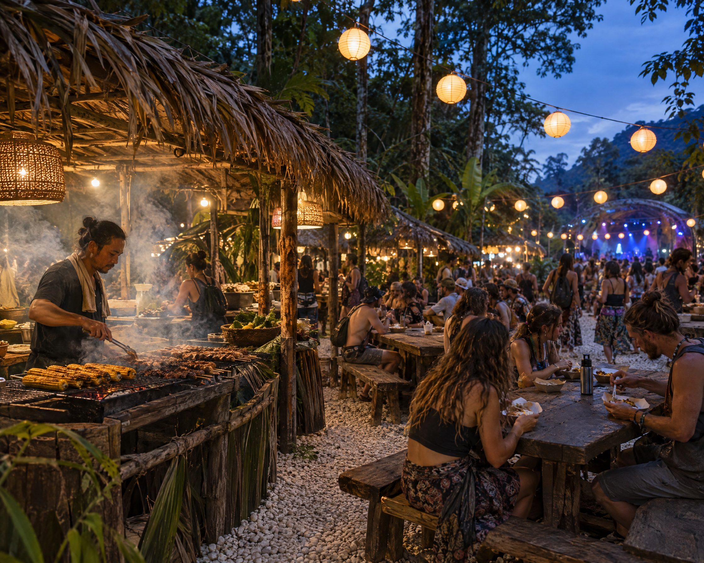 The lantern-lit night market under the jungle canopy