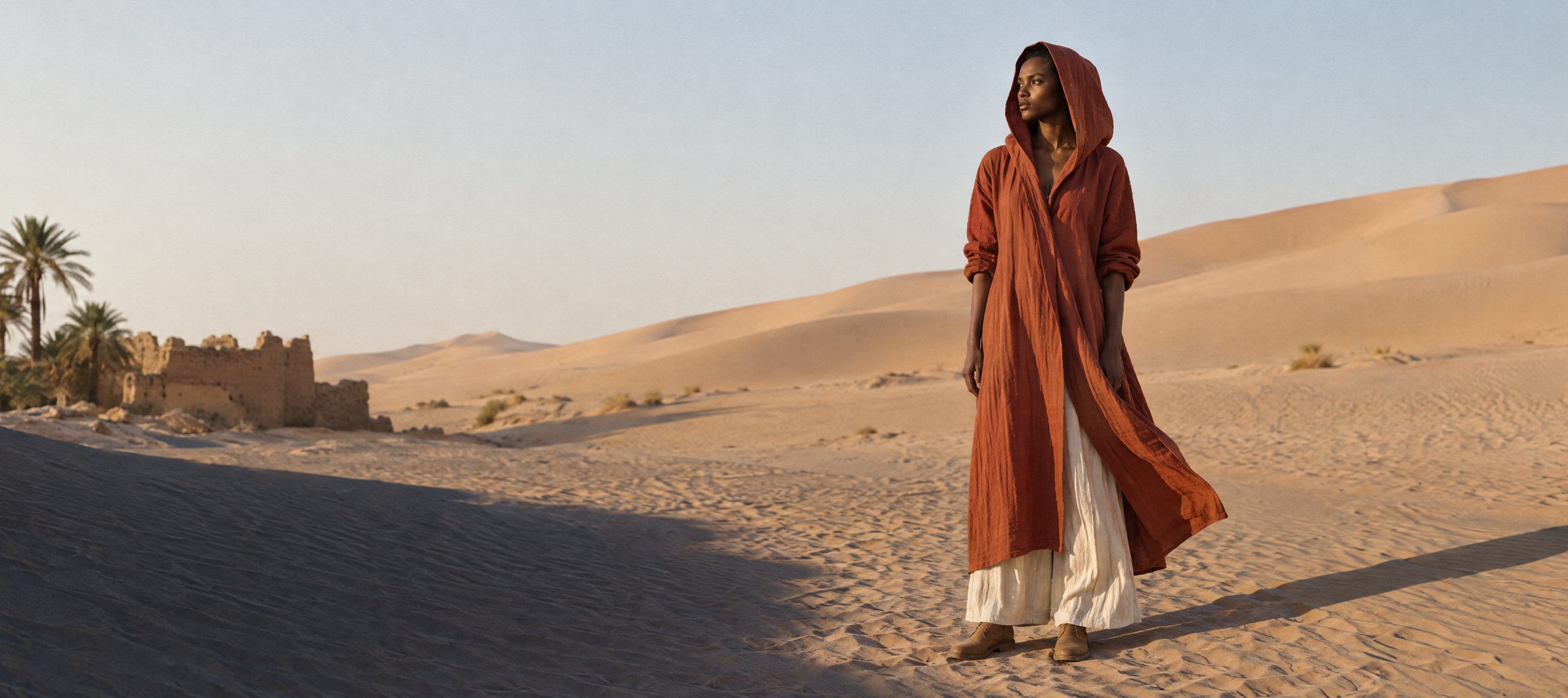 Model in the terracotta Serir Hooded Robe on the dunes at the edge of Tamerzit