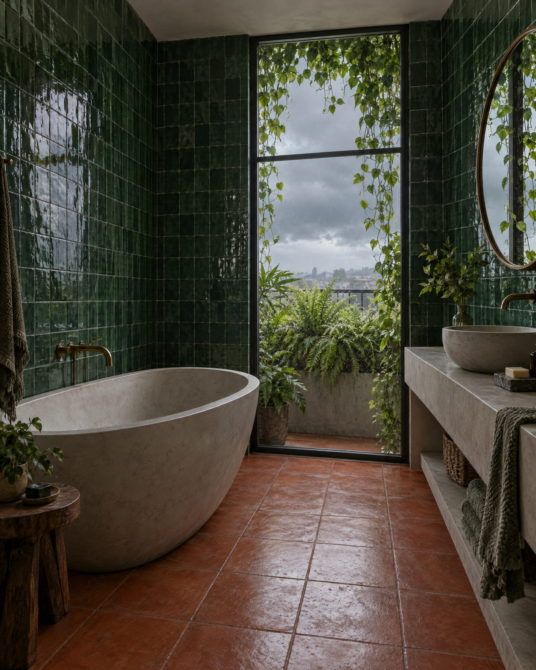 Ensuite with green tile