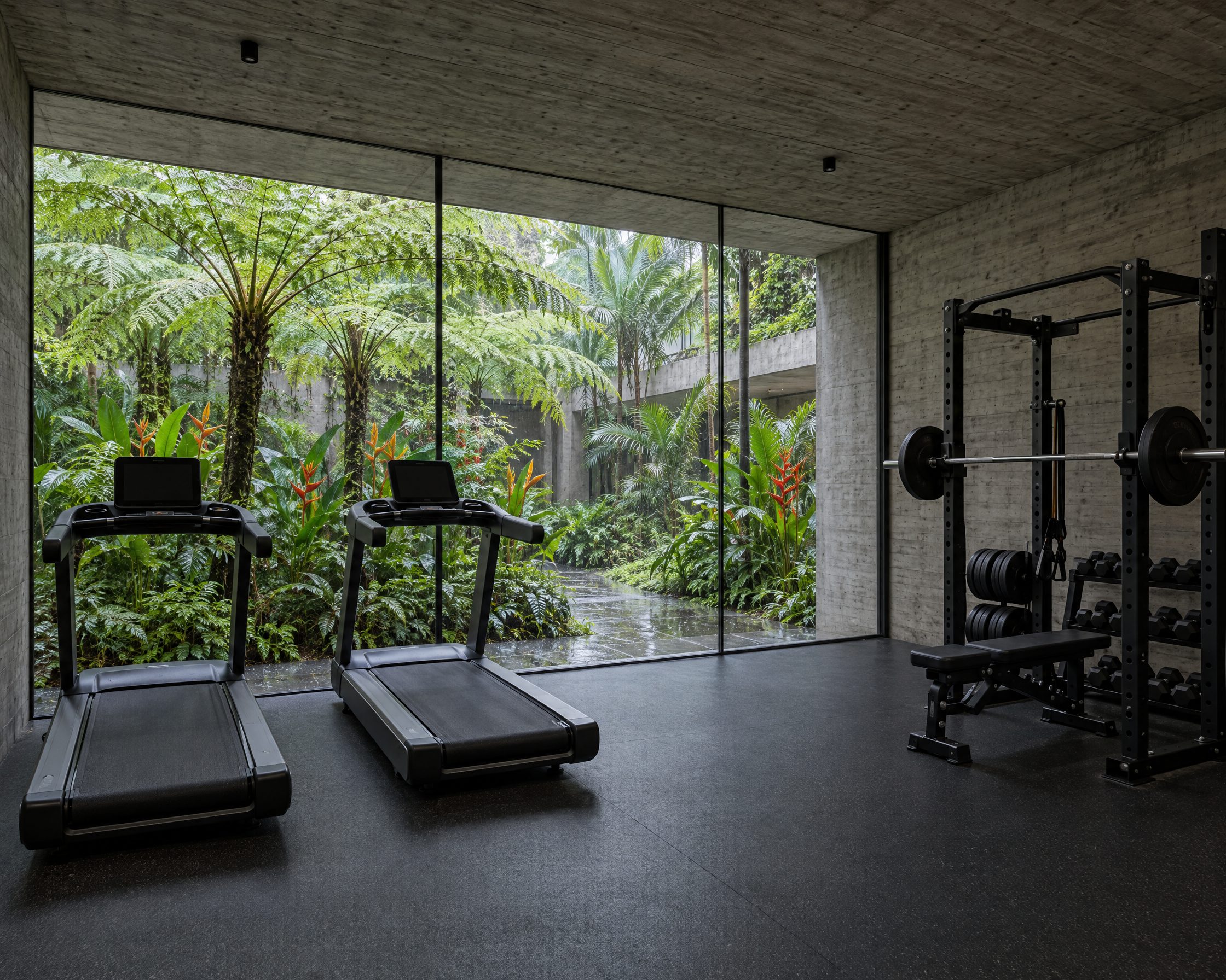 Gym facing a fern courtyard