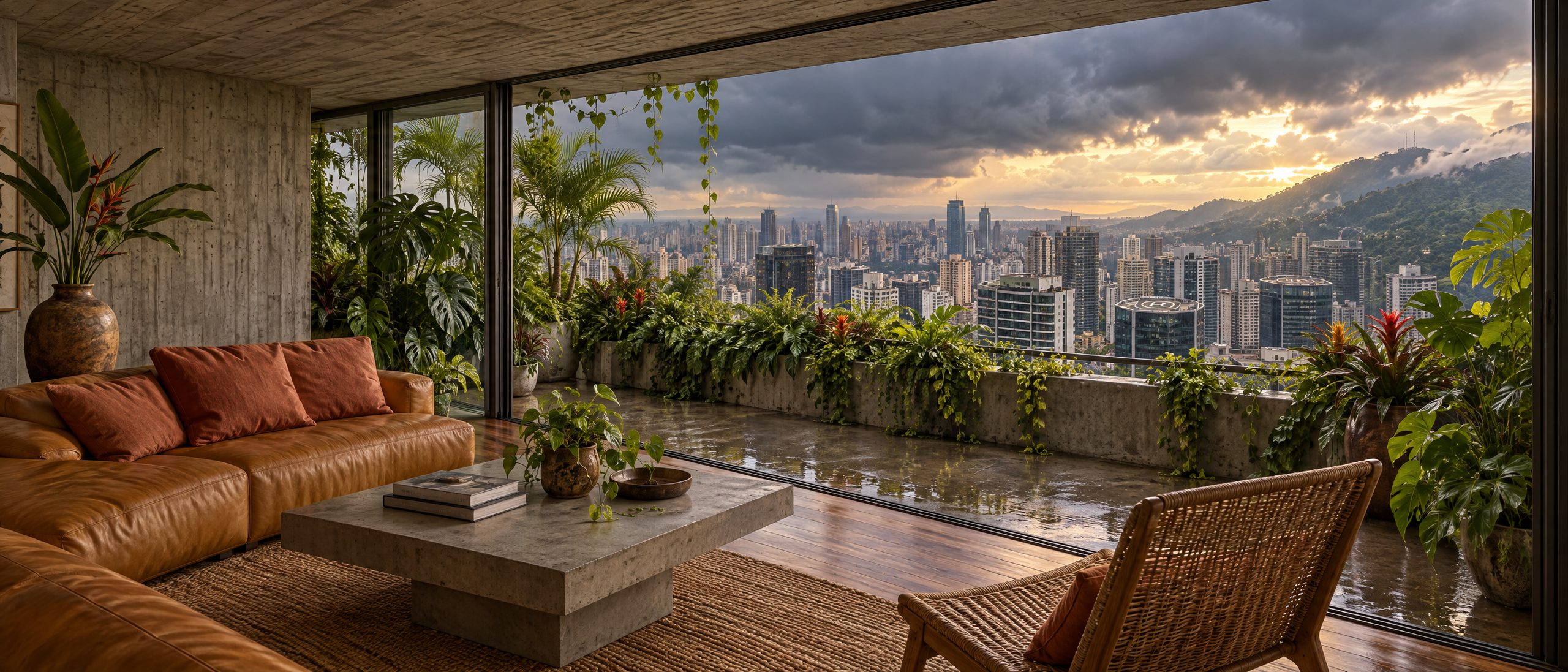 Living room opening onto a planted balcony