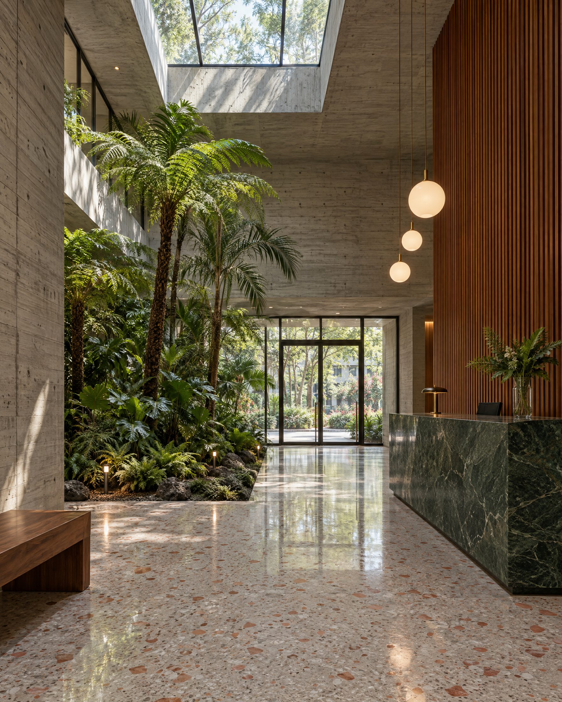 Double-height concrete lobby with a fern garden