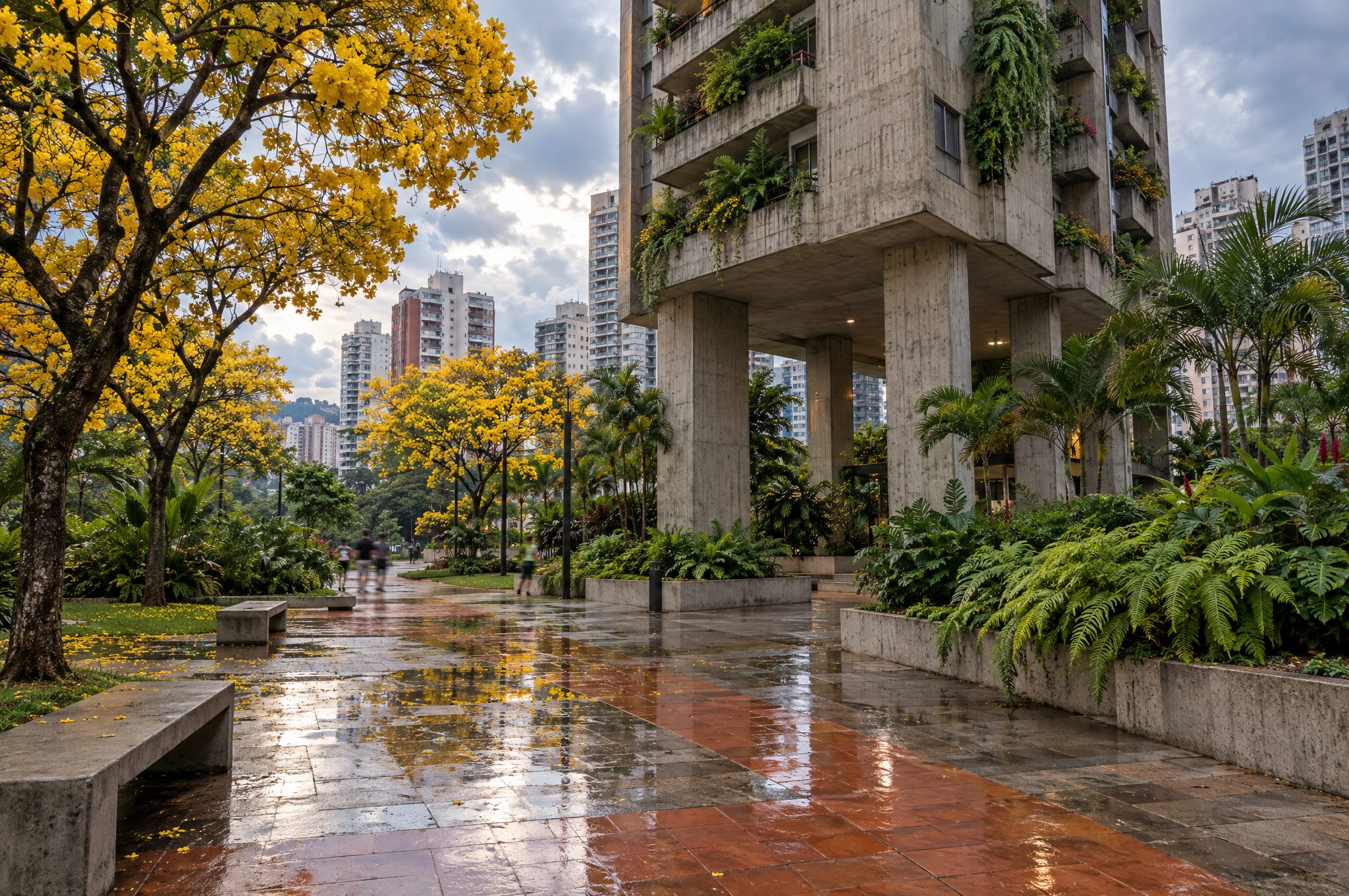 Public garden under the tower