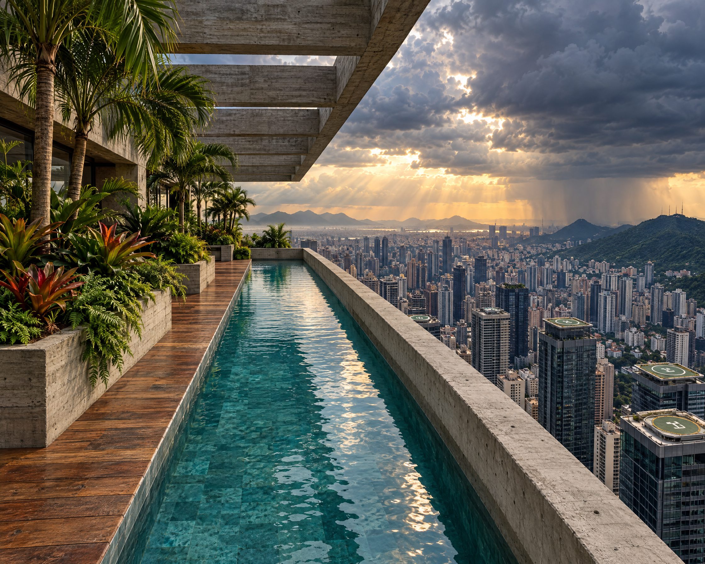 Rooftop lap pool above the city