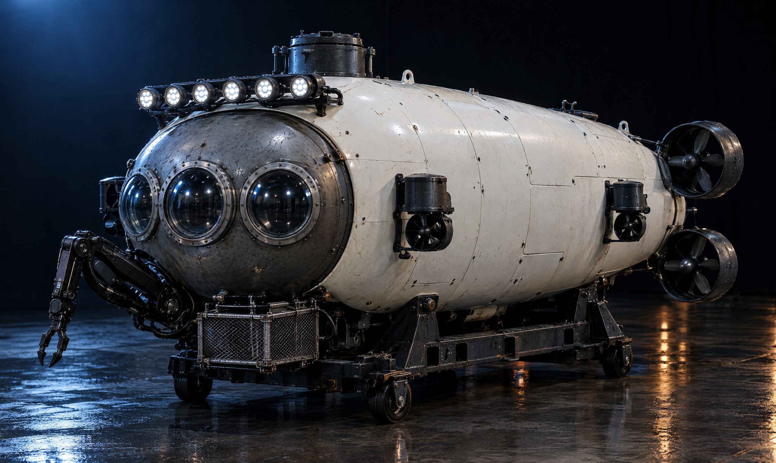 VIGIL submersible on its transport cradle in the hangar