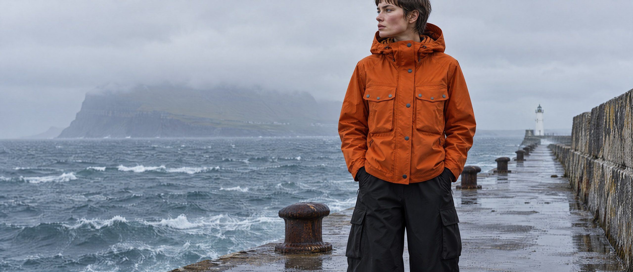 Model in the orange Bowline Parka on the Ternvik breakwater