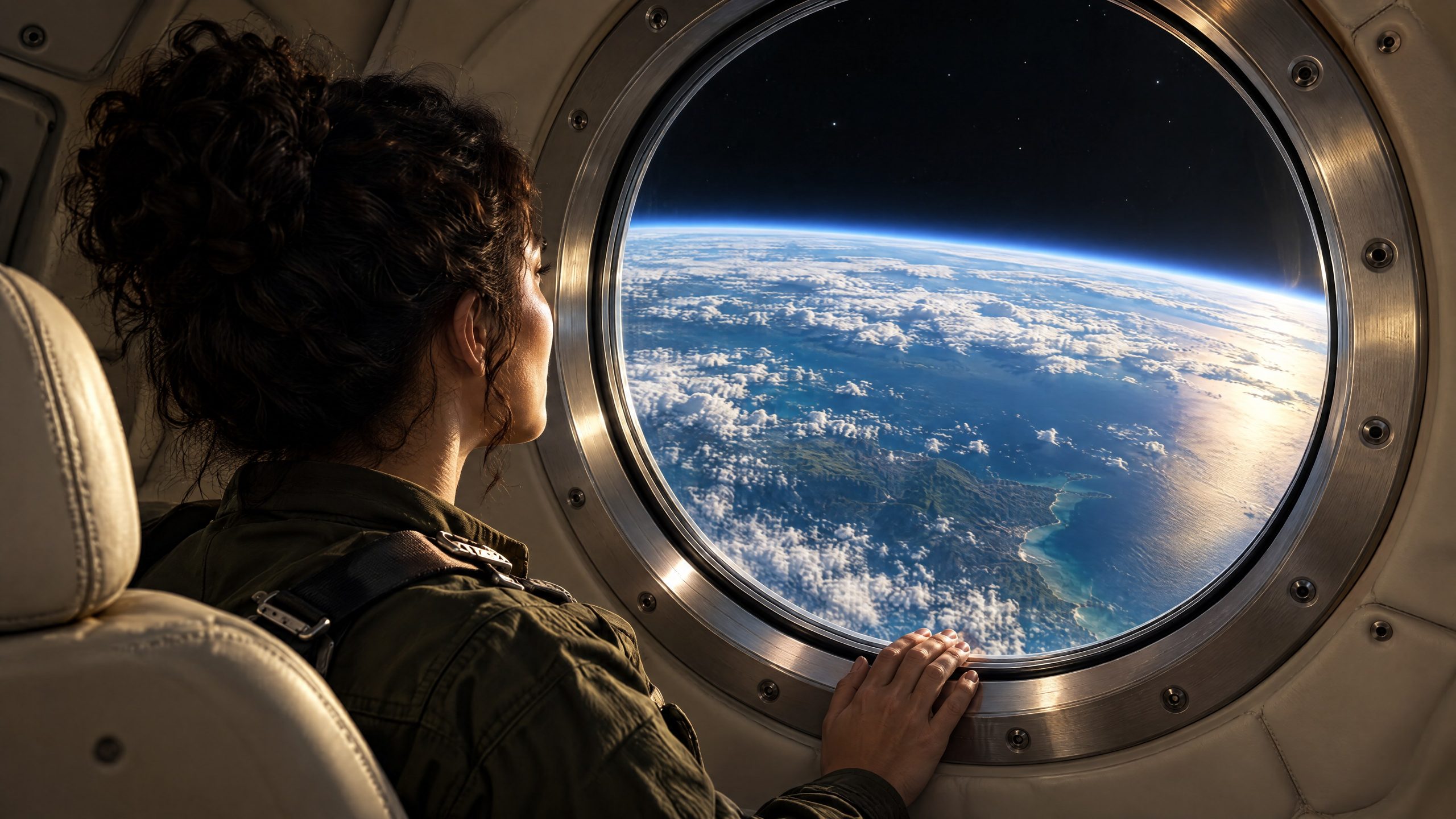 Two voyagers at the LYRA window, Earth below