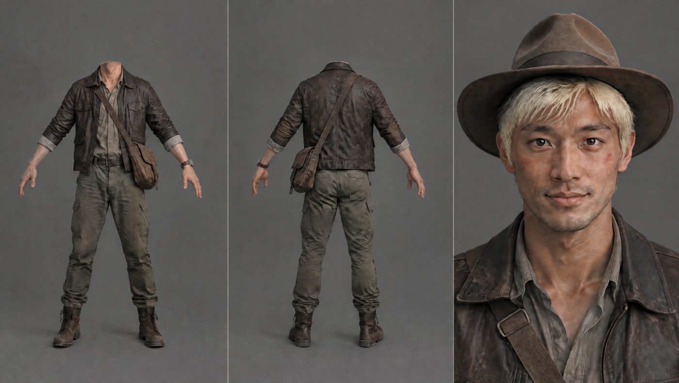 Hero character sheet, dry: headless front, headless back, face close-up with hat