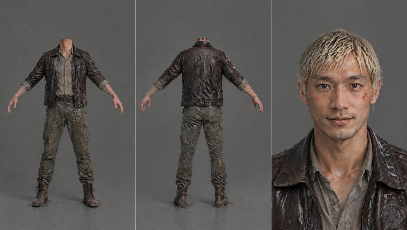 Hero character sheet, wet: soaked jacket and trousers, scratch on the cheek, no hat, no satchel