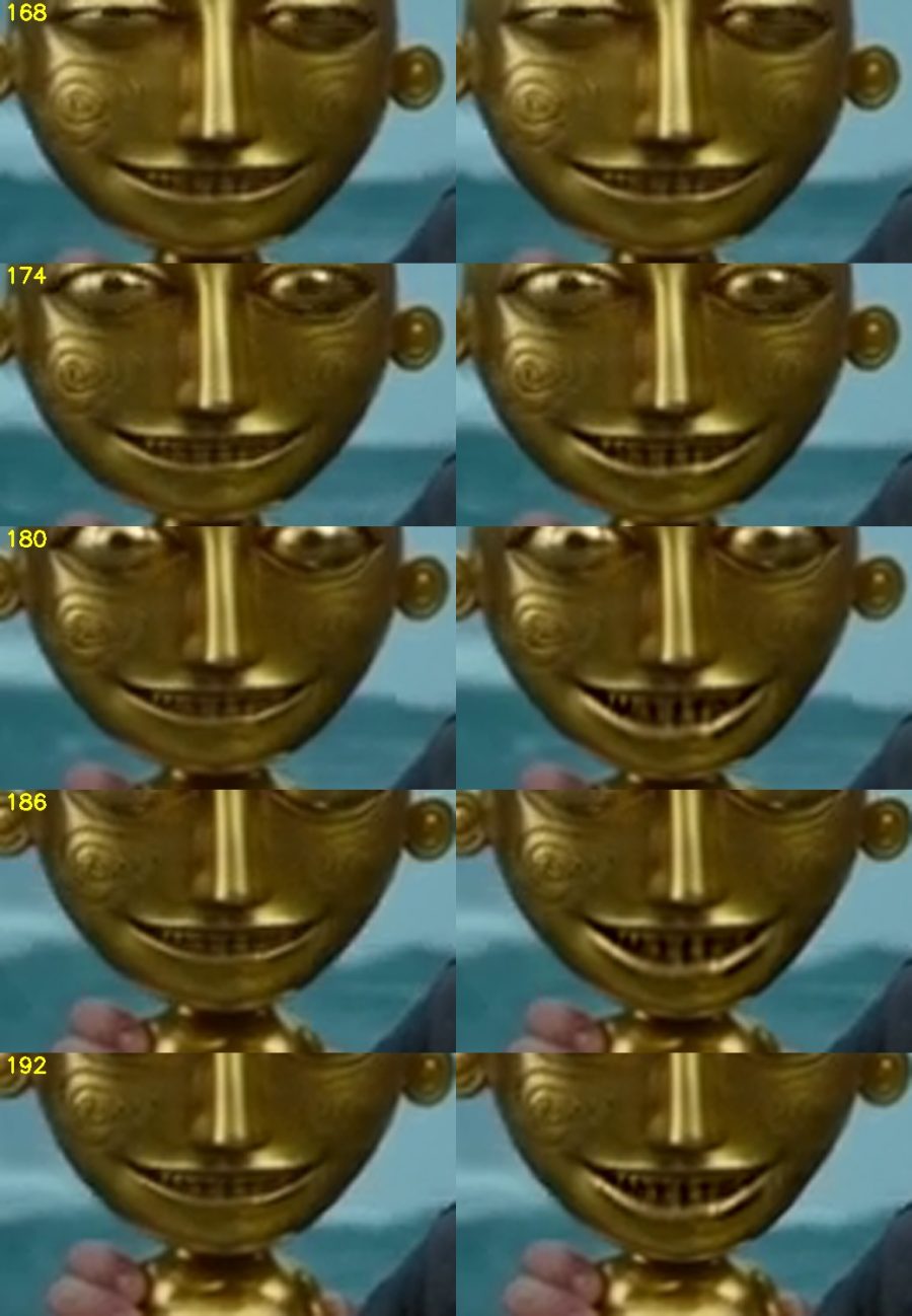 The idol's mouth in five frames, original on the left and edited on the right